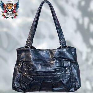 🌟B. Makowsky: Croc-Embossed Black Leather Hobo Shoulder Bag🌟